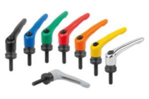 Clamping levers, die-cast zinc with external thread and clamping force intensifier, threaded insert black oxidised steel