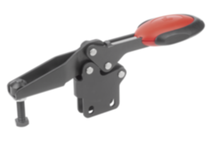 Toggle clamps horizontal with safety interlock  with straight foot and adjustable clamping spindle