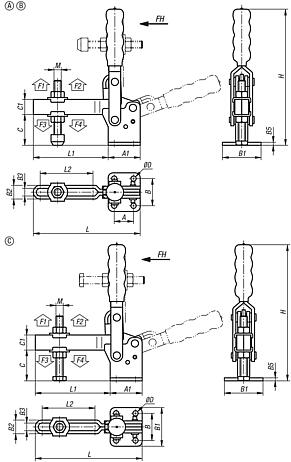 Rychloupínač z oceli, černý, vertikální s vodorovnou patkou a nastavitelným přítlačným šroubem