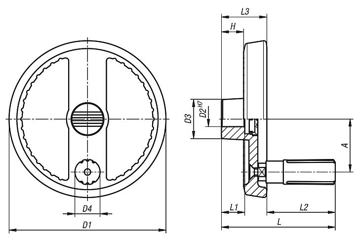 2paprsková ruční ovládací kola z hliníku, s válcovým otočným úchytem, provedení E, s lícovaným otvorem