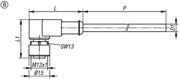 Konektor, pouzdro M12x1, se šroubovým uzávěrem, provedení B, pouzdro zalomené